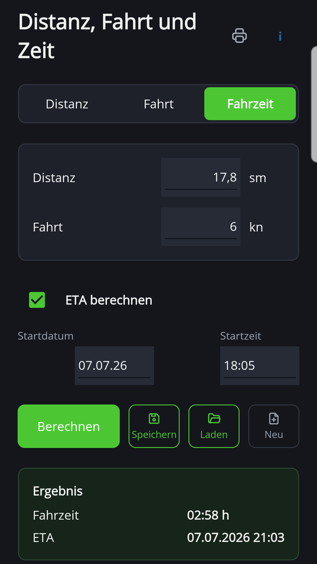 Distanz, Fahrt und Zeit in der Android-Version von NauticTools2 mit Fahrzeit und ETA