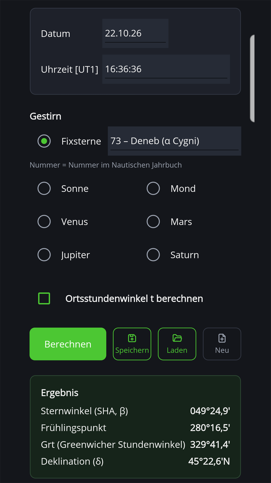 Ephemeridenberechnung für den Stern Deneb mit Sternwinkel, Frühlingspunkt, Grt und Deklination