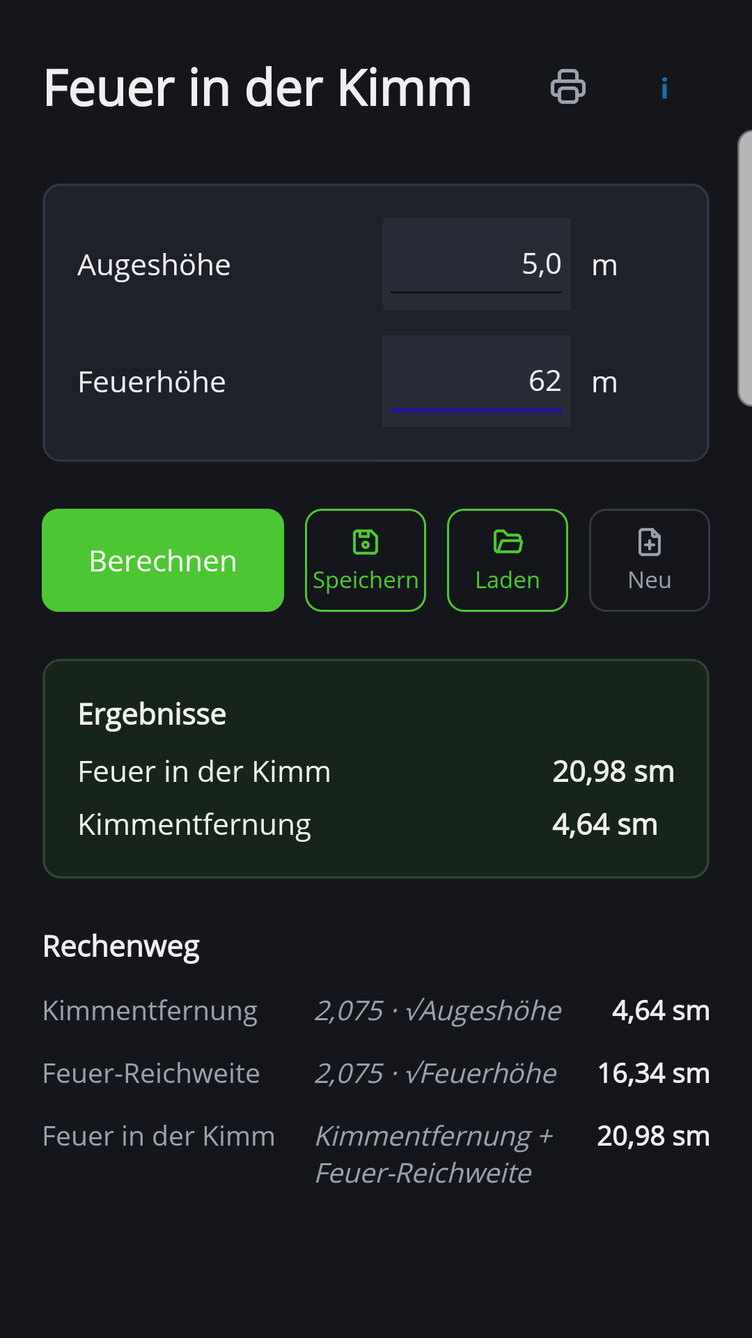Feuer in der Kimm in der Android-Version von NauticTools2 mit Ergebnis und Rechenweg