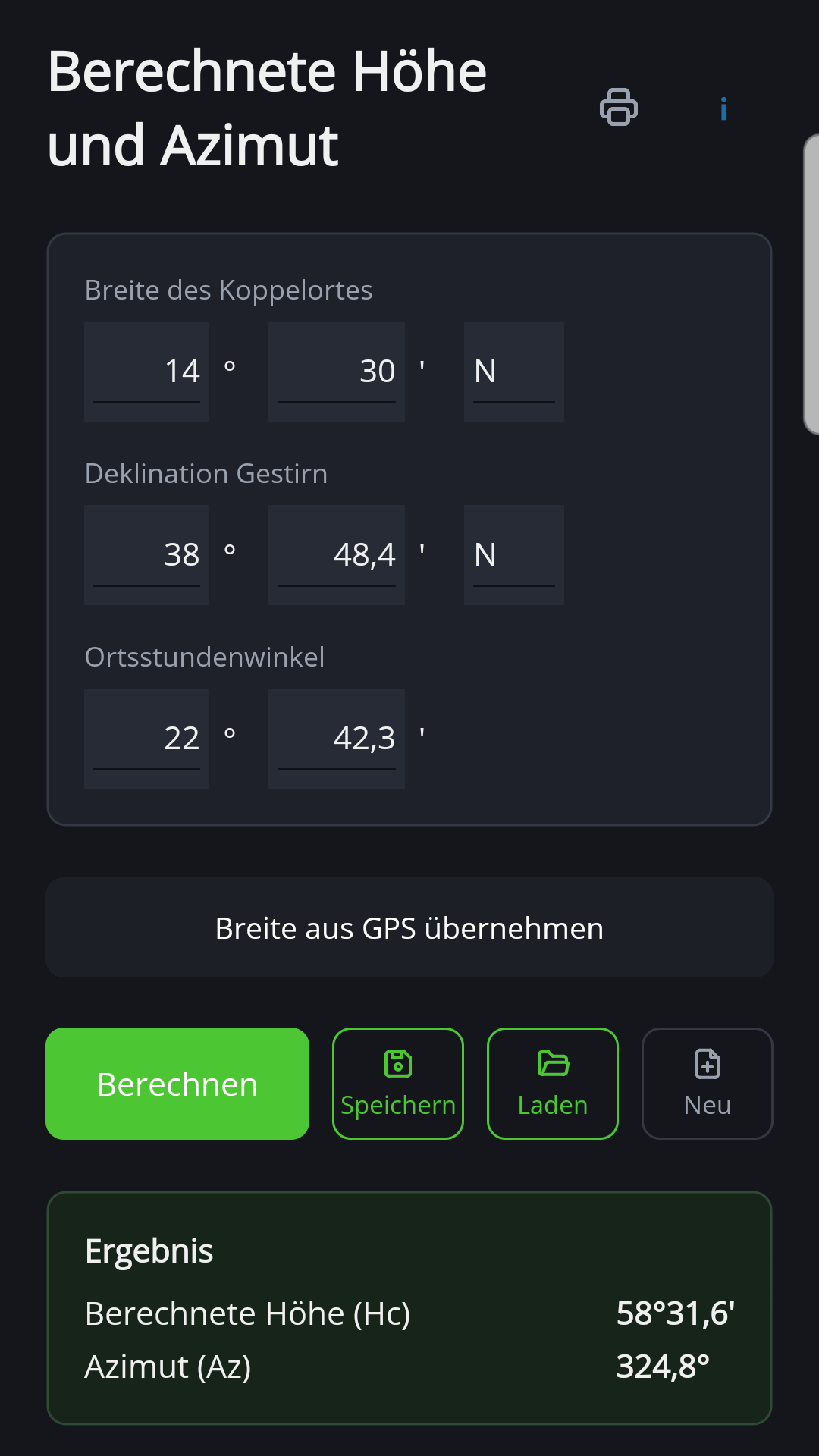 Berechnete Höhe und Azimut für den Stern Wega