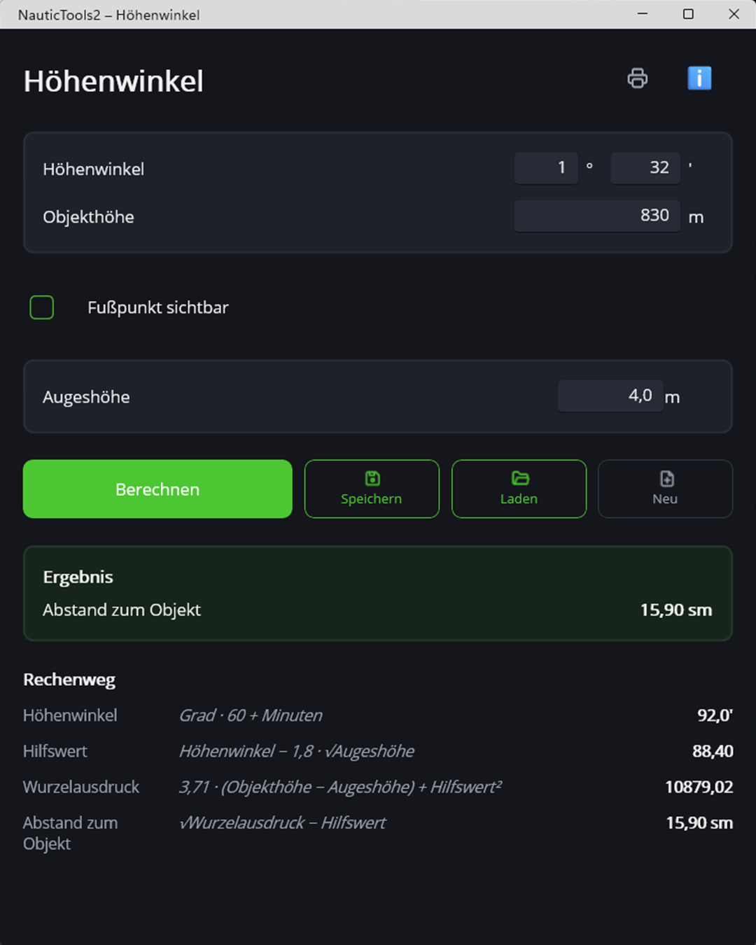 Höhenwinkel in der Windows-Version von NauticTools2 mit Ergebnis und Rechenweg