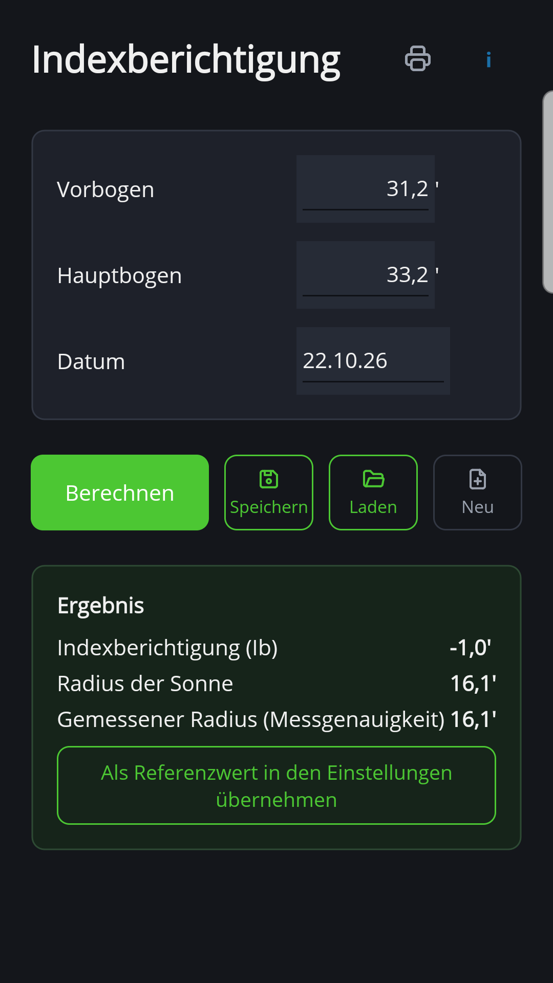 Indexberichtigung aus Vorbogen und Hauptbogen mit gemessenem und tatsächlichem Sonnenradius