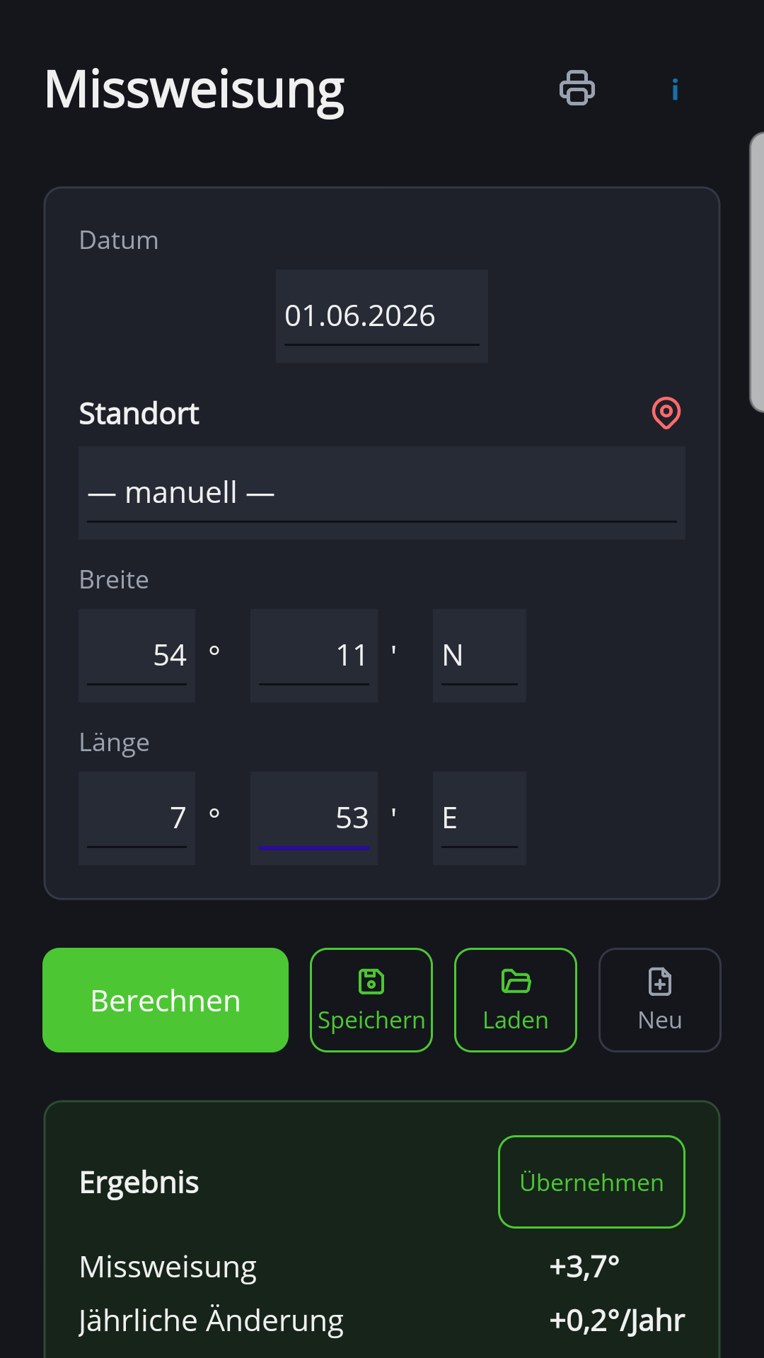 Missweisung in der Android-Version von NauticTools2 mit Ergebnis für Helgoland