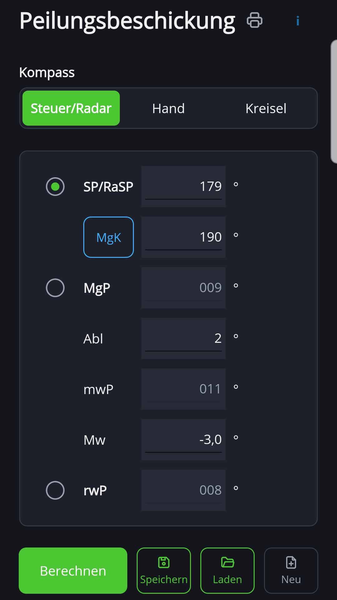 Peilungsbeschickung in der Android-Version von NauticTools2 mit Seitenpeilung und rechtweisender Peilung