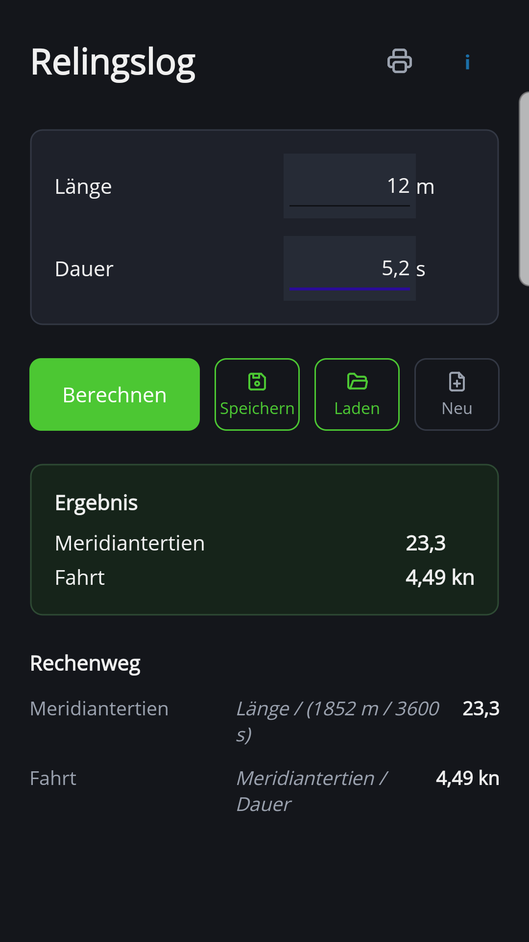 Relingslog in der Android-Version von NauticTools2 mit Ergebnis und Rechenweg