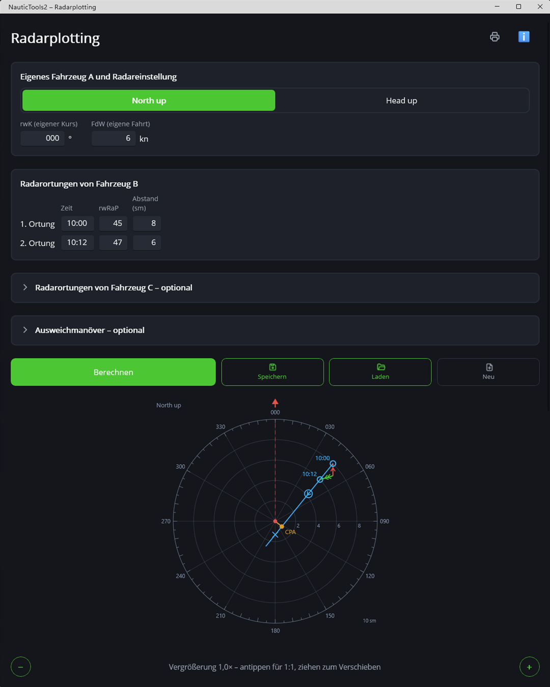 Radarplotting in der Windows-Version von NauticTools2 mit Radarspinne, Relativlinie und CPA