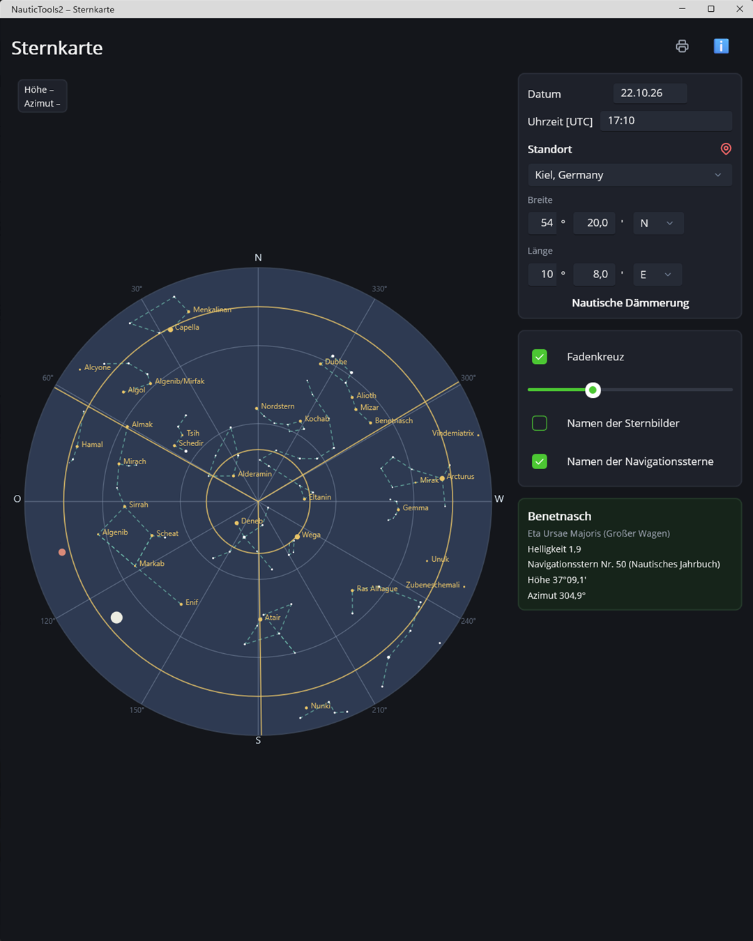 Sternkarte mit Navigationssternen, Sternbildern und Fadenkreuz