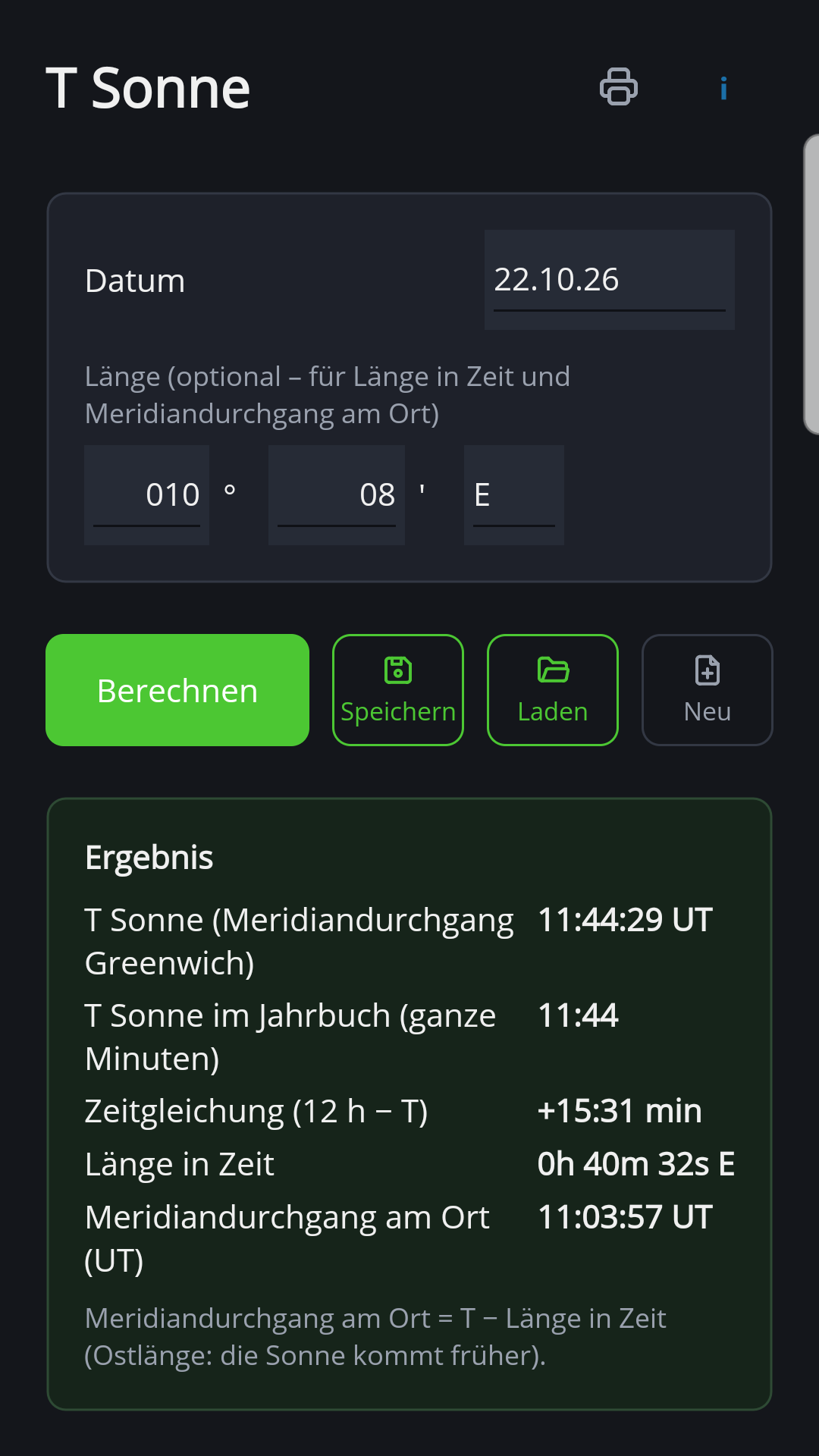 T Sonne mit Zeitgleichung, Länge in Zeit und Meridiandurchgang am Ort für Kiel