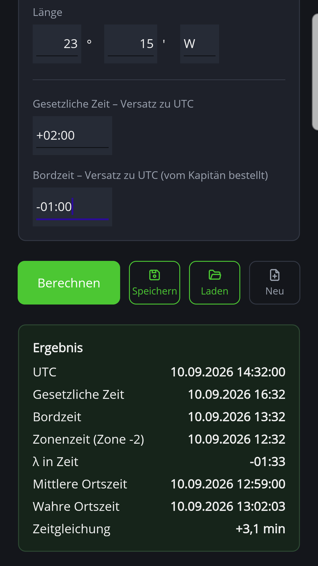 Zeitarten in der Android-Version von NauticTools2 mit allen Ergebnissen